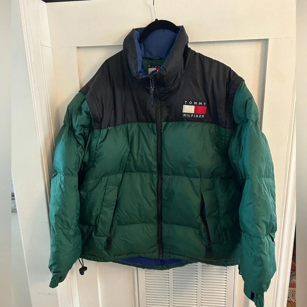 Tommy Hilfiger Down Jacket Vest 2WAY 90s Vintage Men's Size XL Green And Black